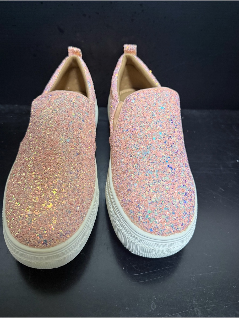 Pink Glitter Slip-On Sneakers Women’s Size 7 Iridescent Sparkle Casual Shoes